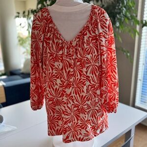 Cleo Petites V-Neck Blouse (XL Petite) Orange Starburst Floral